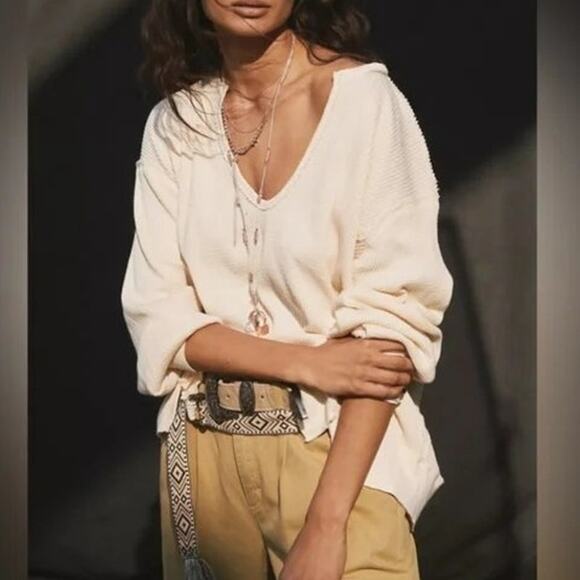 Free People Sweaters - Free People Santa Clara Thermal Pullover Sweater Top in Alabaster Waffle Knit